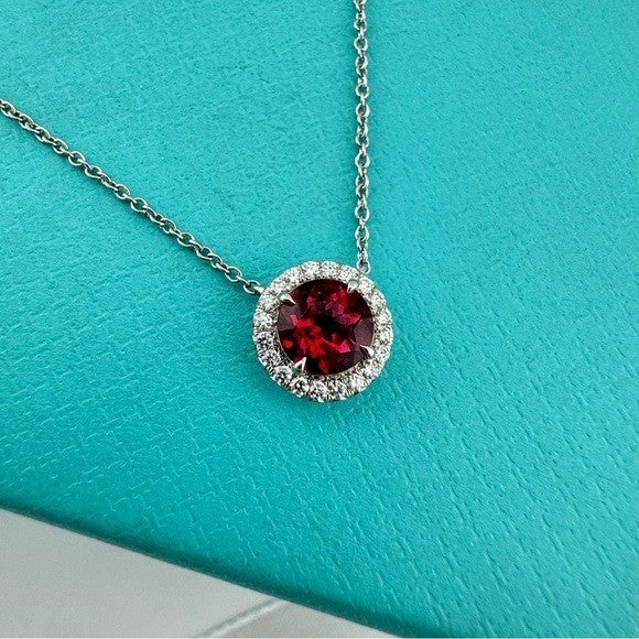 RARE Tiffany & Co. Soleste Rubellite Platinum Diamond Pendant Necklace 16