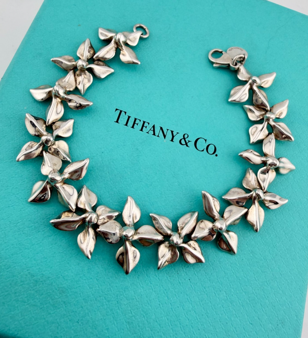 Tiffany & Co. Four Leaf Flower Chain Bracelet Sterling Silver 23.5g Rare