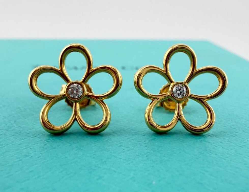 Tiffany & Co. 18k Garden Flower Stud Earrings with Diamond in Yellow Gold 2.2g