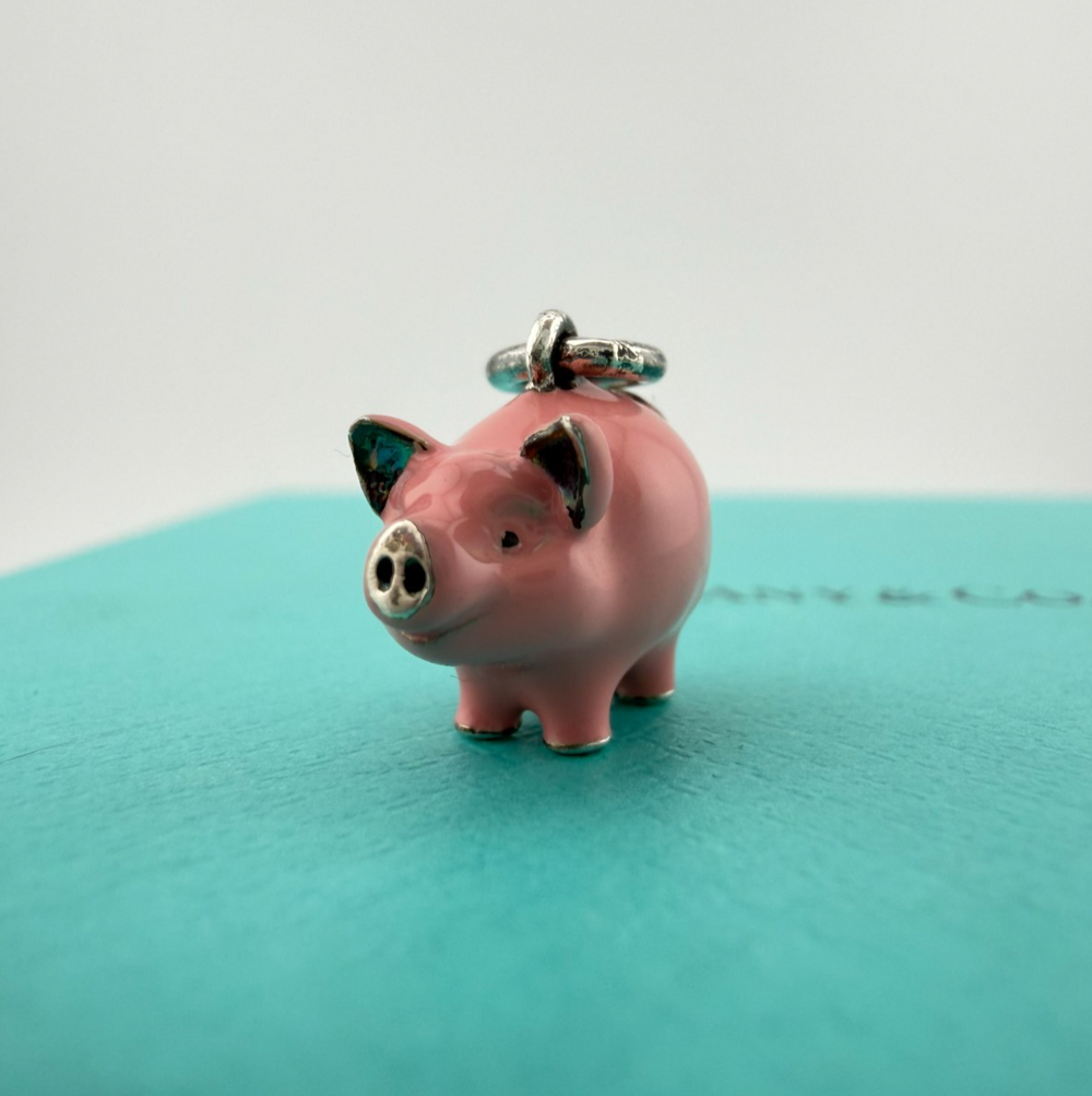 RARE Tiffany & Co. Enamel Pig Charm Sterling Silver Retired Pendant